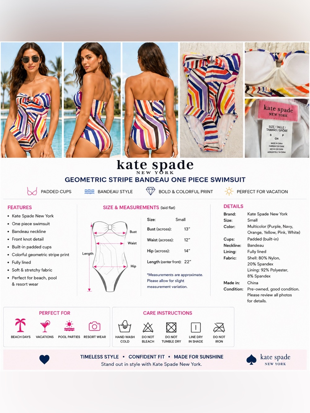 Kate Spade New York Geometric Stripe Bandeau One Piece Swimsuit Padded Small